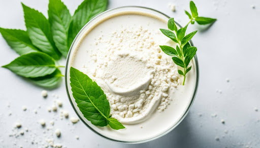 A protein powder in a bowl in green leaves on top and on the table