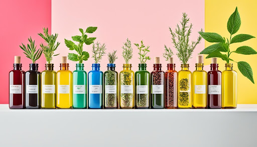 A different color of bottles with herbs and seeds on peaking on top of the bottle