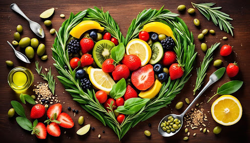 Variety of vegetables on top of a wooden table shaped in heart with olive oil and lemon surrounds it