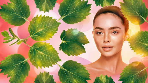 An animated image of a girl with leaves as background