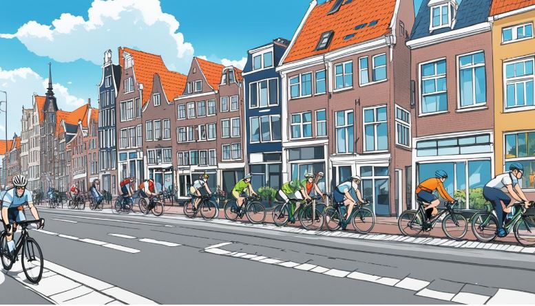 A cartoon image of people cycling on the side of the street